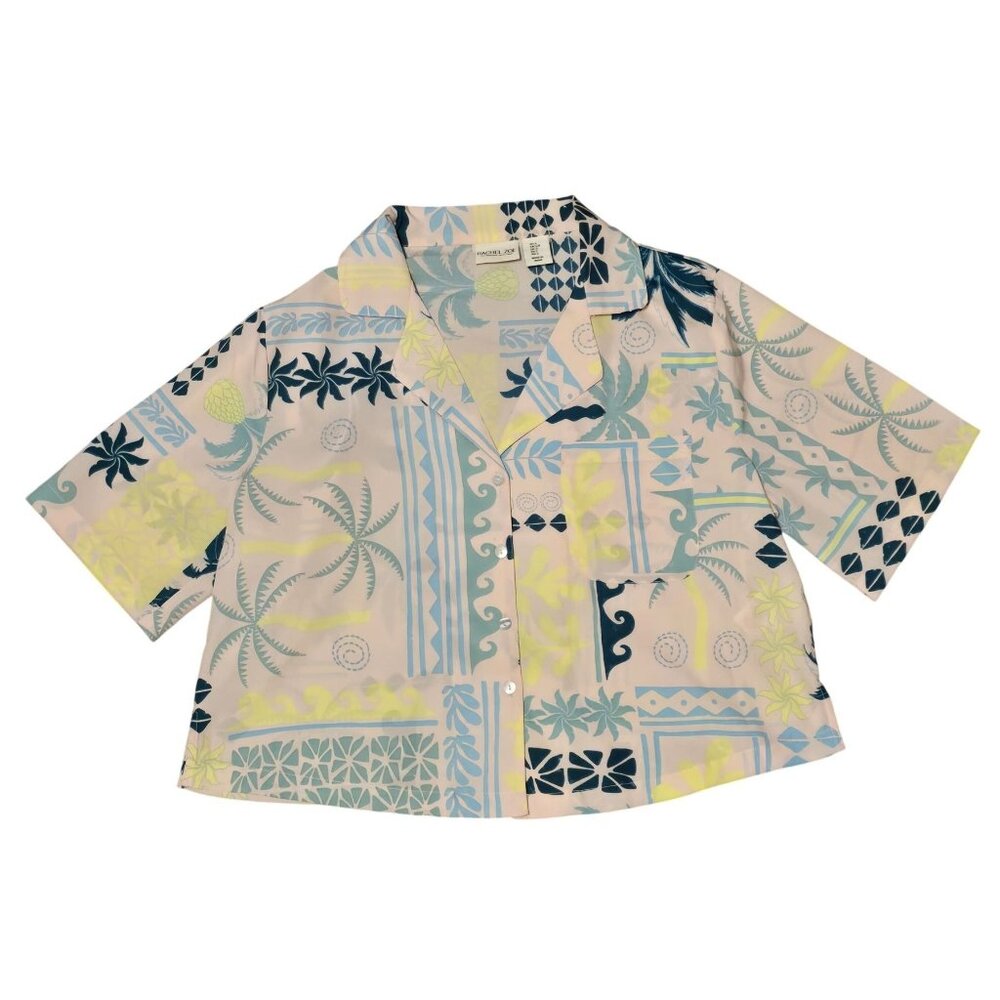 Rachel Zoe Tropical Cropped Button-Down Shirt Pastel Blue Yellow & Pink Size S - Picture 7 of 7
